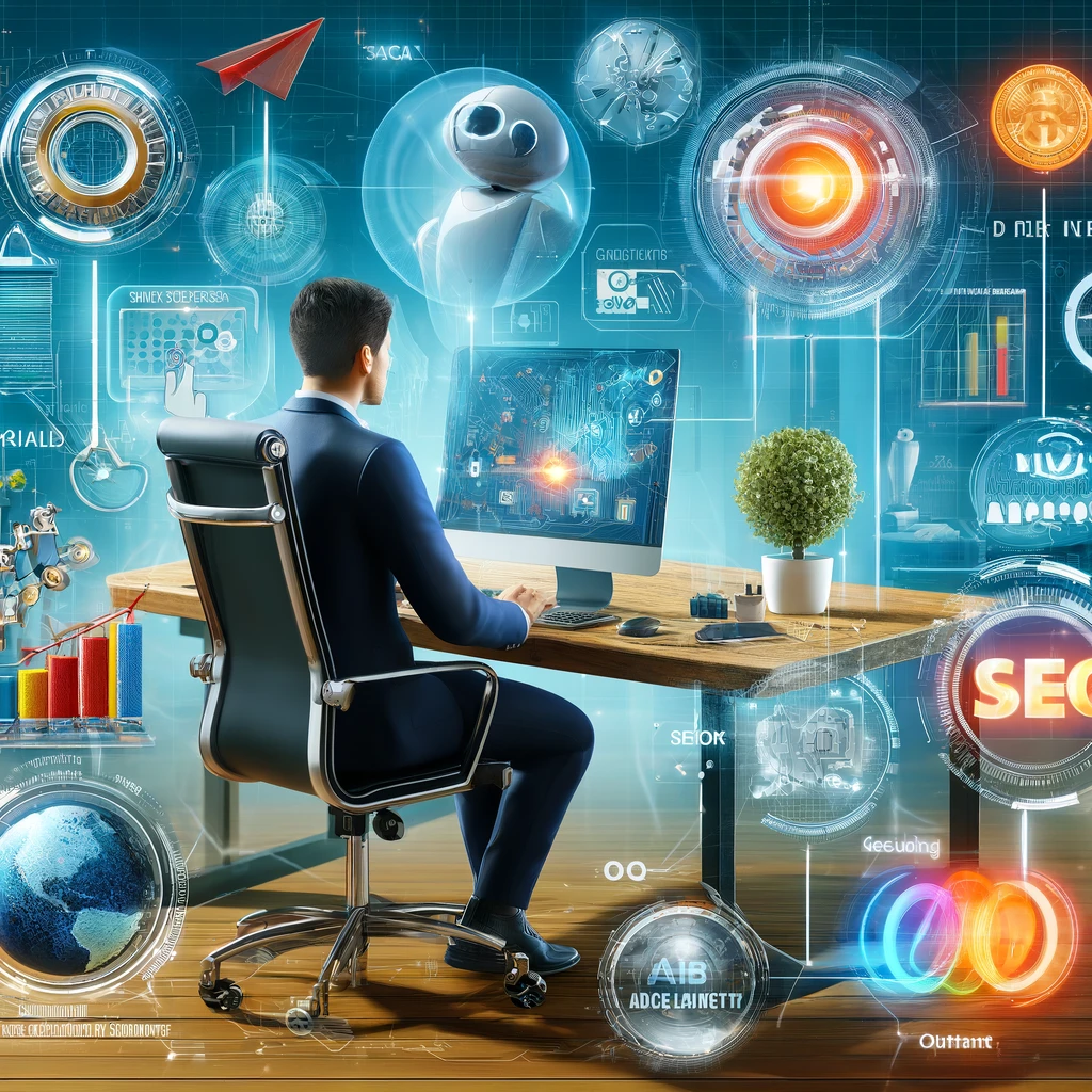 A realistic image of a businessperson at a desk with digital elements around them representing SEO tools, social media engagement, content marketing, AI and machine learning, augmented reality, and blockchain technology. The setting is a modern office with vibrant colours symbolising growth and innovation.