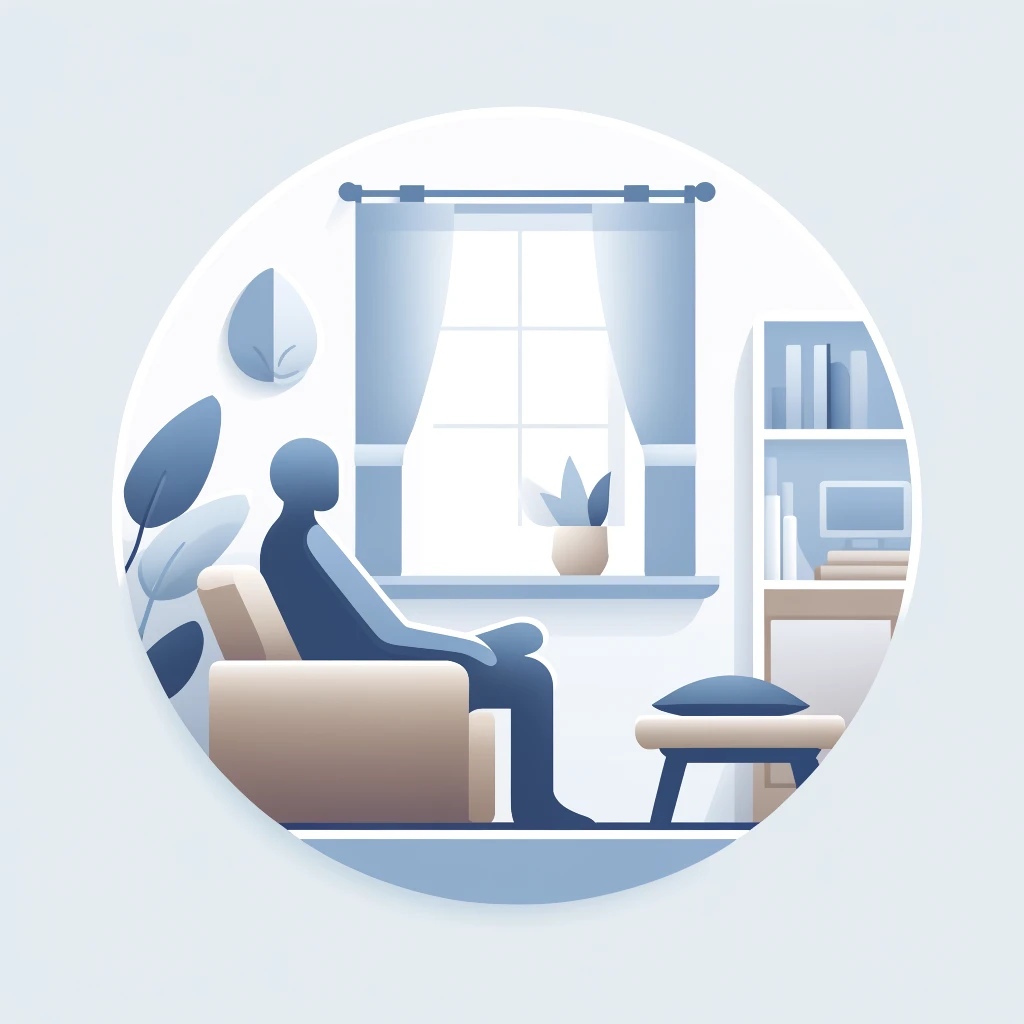 A graphic showing a person sitting comfortably in a peaceful, cozy room with minimal technology, surrounded by natural elements like plants and soft, calming colors, conveying a sense of relaxation and improved wellbeing.